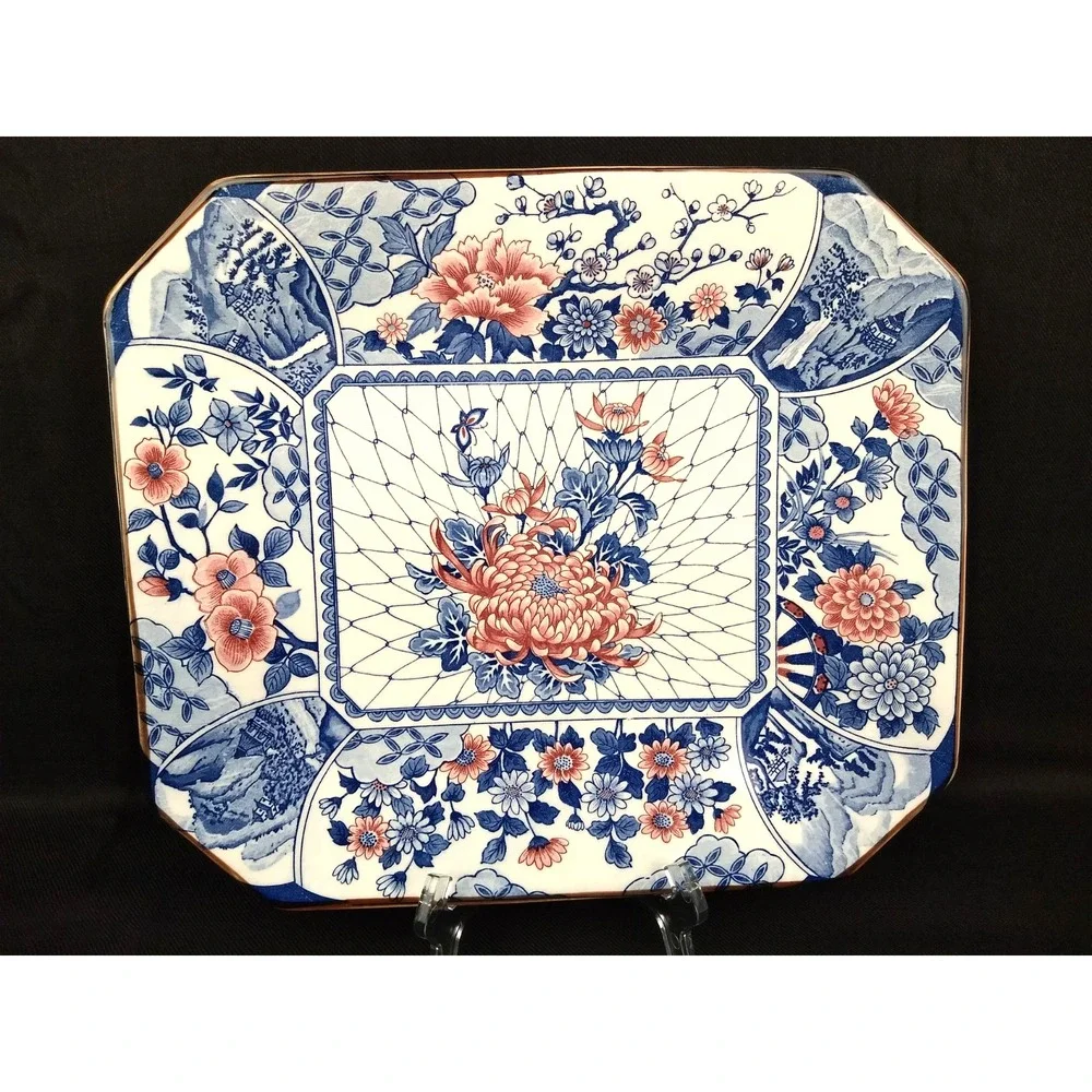 Japanese Imari Octagon Platter Hand Painted Chrysanthemum Butterfly Floral Motif